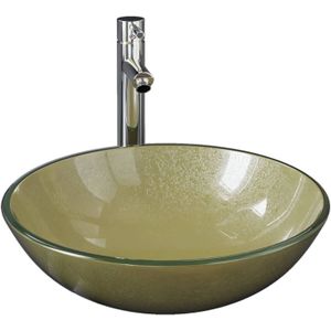 vidaXL - Wastafel - met - kraan - en - pop-up - afvoer - gehard - glas - goudkleurig