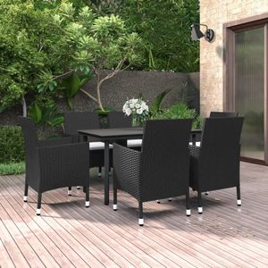 vidaXL 7-delige Tuinset - Poly Rattan - Met Kussens - Glas Tafelblad