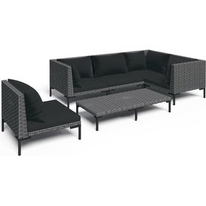 vidaXL 6-delige Loungeset met kussens poly rattan donkergrijs