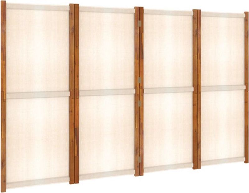 Kamerscherm - Crèmewit - Massief Acaciahout en Textileen - Inklapbaar Ontwerp