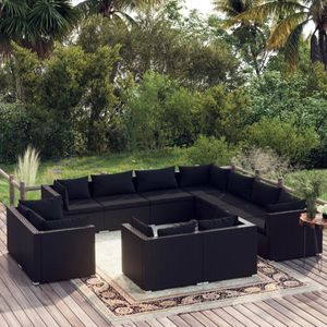 VidaXL 11-delige Loungeset met Kussens - Poly Rattan Zwart