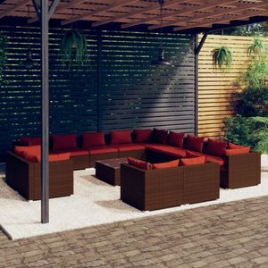 vidaXL 14-delige Loungeset met kussens poly rattan bruin