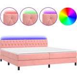 vidaXL - Boxspring - met - matras - en - LED - fluweel - roze - 200x200 - cm