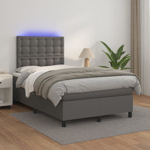 vidaXL - Boxspring - met - matras - en - LED - kunstleer - grijs - 120x200 - cm