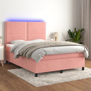 vidaXL Boxspring met matras en LED fluweel roze 140x190 cm