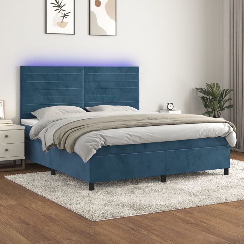 vidaXL - Boxspring - met - matras - en - LED - fluweel - donkerblauw - 180x200 - cm