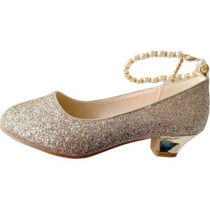 La Señorita Prinsessenschoenen, Bruidsschoenen, Communieschoenen, Feestelijke schoenen, goud met parels, hakkenschoenen voor meisjes, goud, 35 EU