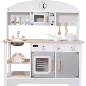 Eco Toys - Moderne Houten Kinderkeuken - Grijs - Inclusief 13-delig Accessoires Pakket