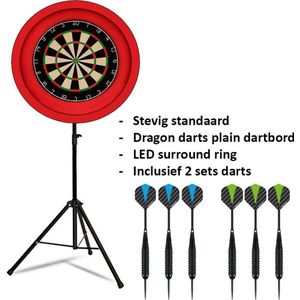 Darts Set - Portable dartbord standaard LED pakket plus - inclusief best geteste - dartbord - LED surround ring - en - dartpijlen - rood