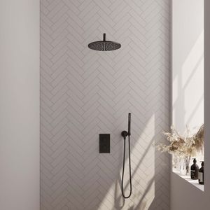 Inbouw Regendouche Set Brauer Black Edition Gebogen Wanduitloop Ronde Hoofddouche 30 cm Mat Zwart