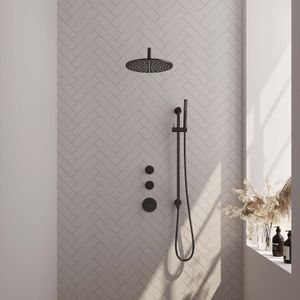 Inbouw regendouche set brauer black edition gebogen wanduitloop ronde hoofddouche 30 cm met twee stopkranen en glijstang mat zwart