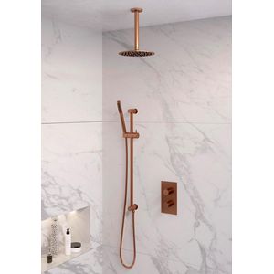 Brauer Copper Edition inbouwset met 3-weg thermostaat - hoofddouche 20cm - plafondbuis 20cm - staafhanddouche - glijstang met aansluitbocht - geborsteld koper PVD