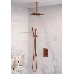 Brauer Copper Edition inbouwset met 3-weg thermostaat - hoofddouche 30cm - plafondbuis 20cm - staafhanddouche - glijstang met aansluitbocht - geborsteld koper PVD