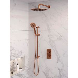 Brauer Copper Edition inbouwset met 3-weg thermostaat - hoofddouche 30cm - gebogen wandarm 40cm - ronde 3-standen handdouche - glijstang met aansluitbocht - geborsteld koper PVD