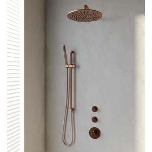 Brauer Copper Edition Thermostatische Inbouw Doucheset - Hoofddouche 30cm - Wandarm Gebogen - Staafhanddouche - Met Glijstang - Geborsteld Koper PVD