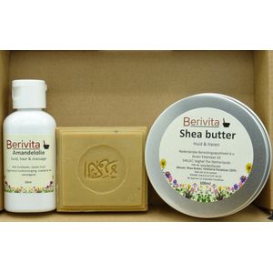 Natuurlijke Huid Verzorging Basis Startset - Amandelolie 50ml, Shea Butter Blik 100ml, Aleppo Zeep, Soap Bar