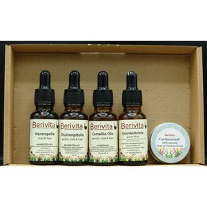 Gevoelige Huid Verzorging Pakket - 100% Natuurlijk - Camellia olie 20ml, Druivenpitolie 20ml, Hennepolie 20ml, Rozenbottelolie 20ml, Frambozenzalf 15ml