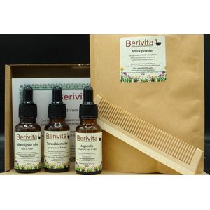Haar Verzorging Pakket - 100% Natuurlijk - Abessijnse Olie 20ml, Arganolie 20ml, Tarwekiemolie 20ml, Amla Poeder, Bamboe Kam