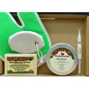 Voeten Verzorgingspakket - Puimsteen wit, Scrubzeep Aloë Haver, Shea Butter blik 100ml, Scrubhandschoen en pure Arganolie pen