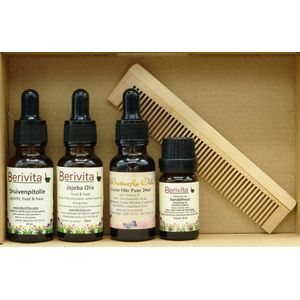 Baard & Snor Verzorgingspakket - 100% Natuurlijk - Castorolie 20ml, Jojoba Olie 20ml, Druivenpitolie 20ml, Sandelhoutolie 10ml, Bamboe Kam