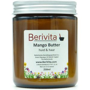 Mango Butter Puur 250ml Glazen Pot - Onbewerkte Mangobutter voor Huid en Haar - Gemaakt van Mango Pitten - Bruin Glazen Pot met Aluminium Deksel