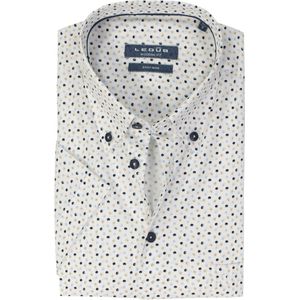 Ledub modern fit overhemd - korte mouw - wit met donkerblauw en beige dessin - Strijkvriendelijk - Boordmaat: 40