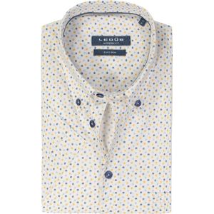 Ledub - Modern Fit Overhemd - Wit met Lichtgeel en Blauw Dessin - Korte Mouw - Strijkvriendelijk