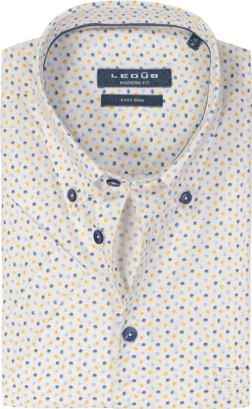 Ledub - Modern Fit Overhemd - Wit met Lichtgeel en Blauw Dessin - Korte Mouw - Strijkvriendelijk