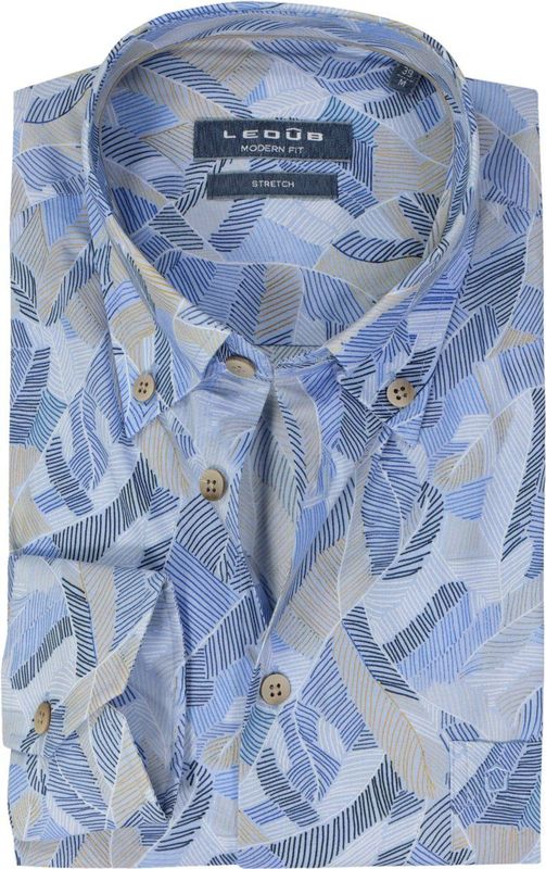 Ledub - Modern Fit - Overhemd - Blauw met Beige Dessin - Lange Mouwen
