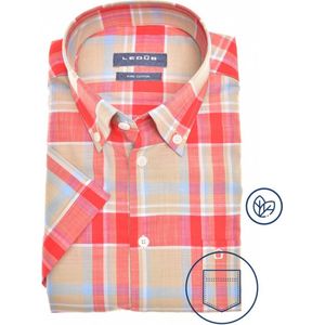 Ledub - Modern Fit - Overhemd - Rood met Beige Geruit - Korte Mouw - Strijkvriendelijk