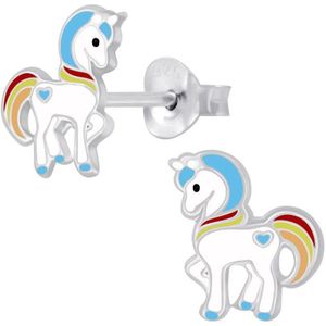 Oorbellen meisje | Kinderoorbellen meisje zilver | Eenhoorn oorbellen | Zilveren oorstekers, eenhoorn met blauwe hoefjes en blauw hartje | WeLoveSilver