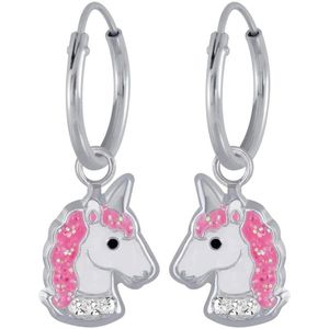 Oorringen met hanger, hoofd van eenhoorn met kristallen halsband