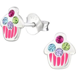 Zilveren oorstekers, cupcakes, roze met kristallen