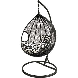 Rijoka - Hangstoel Eggy Twisted - Zwart Rattan - Zwart/Wit Kussen
