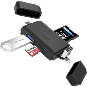 Sounix SD Kaartlezer - USB A/Lightning/USB-C - 6 poorten SD Cardreader - Zwart