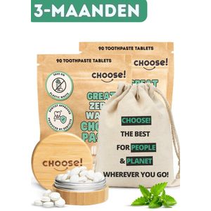 CHOOSE 3-Maandpakket - Tandpasta Tabletten met Bamboe Pot en Katoenen Zakje - 12 Weken Voorraad - Duurzaam - Aanbevolen door Tandartsen - Zero Waste - Vegan - Fluoride - Ecologisch Verantwoord