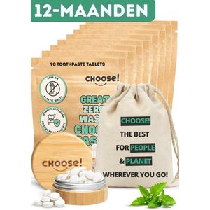 CHOOSE 12-Maandpakket - Tandpasta Tabletten met Bamboe Pot en Katoenen Zakje - 12-Maanden Voorraad - Tandpasta Voordeelverpakking