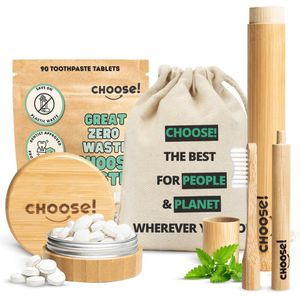 CHOOSE Travel Gift Box - Tandpasta Tabletten 6 Weken Voorraad - Bamboe Pot - Bamboe Tandenborstel - Tandenborstel koker