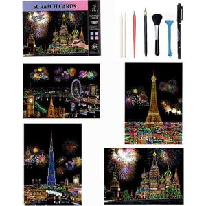 Scratch Art 4x A4 Deluxe Set | Incl. 7 Tools | Kinderen en Volwassenen | Magic Kras Tekeningen Kraskaarten Krasfolie Kraskaart | Knutselen Tekenen | Painting Schilderen op Nummer Diamond Painting | Knutselpakket Tekenpakket Handwerken