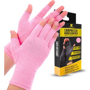 KANGKA® Reuma Compressie Handschoenen met Open Vingertoppen Maat S - Roze Kleur - Vingerloze Handschoenen - Thuiswerk Handschoen