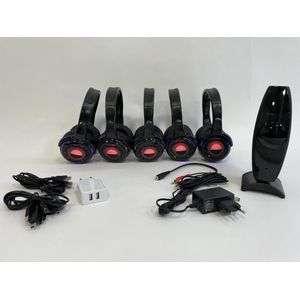 Silent Disco Starterspakket 5 - met 5 oplaadbare koptelefoons (SDH41), 1 zender en oplaadkabels