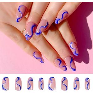 Blauwe lijntjes nagels - plaktabs - plaknagels - medium lang