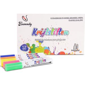Diamondly Krijtstiften Set van 12 (Incl.  2 Metallic Kleuren) 6mm stiften - Raamstiften – Whiteboard & Porselein Stiften/Marker – Glasstiften voor Kinderen/Volwassenen – Krijtstift voor Krijtbord