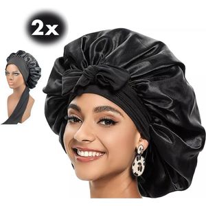 Satijnen Slaapmuts met Elastische hoofdband met Lange Lussen - Bonnet van Satijn - Haarnetje - Zwart