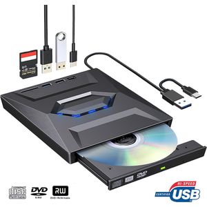 BPgoods® 3-in-1 Externe DVD & CD speler en brander voorlaptop en PC - 2024 - USB 3.0 & USB C - Plug & Play - USB hub met 2 Poorten - Gratis SD adapter - Ook voor Macbook