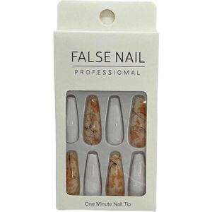 Press On Nails - Nep Nagels - Marble - Wit Oranje - Coffin - Manicure - Plak Nagels - Kunstnagels nailart - Zelfklevend - 3