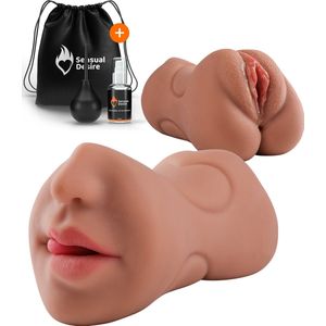 Sensual Desire® Ultra Realistische 3D Masturbator – Perris Pocket Pussy – 3 in 1 Vagina, Anus en Mond – Masturbator voor Mannen – Kunstvagina – Erotiek – Sex Toys voor Mannen + Gratis Glijmiddel & Opbergzak