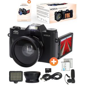 NODIJA® Digitale vlog camera 4K - Compact Camera - Fototoestel - Videocamera - Rotatie flip-screen - 128GB SD-kaart