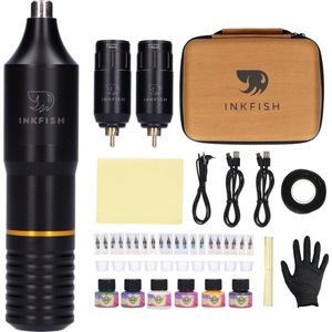 Inkfish® Tattoo Machine Draadloos Starter Set – Complete Tattoo Pen Kit met Inkt, Naalden, Cartridges & PMU Apparaat – Tattoo Gun voor Beginner - Zwart