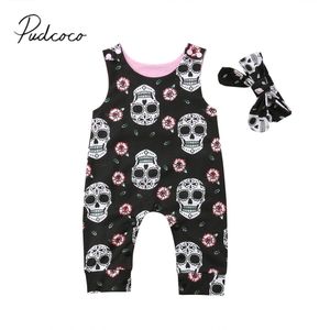 Brand Halloween Casual Baby Baby Jongen Meisje Schedel Romper Mouwloos Patroon Zwarte Katoenen Jumpsuit Romper + Hoofdband 0-18M